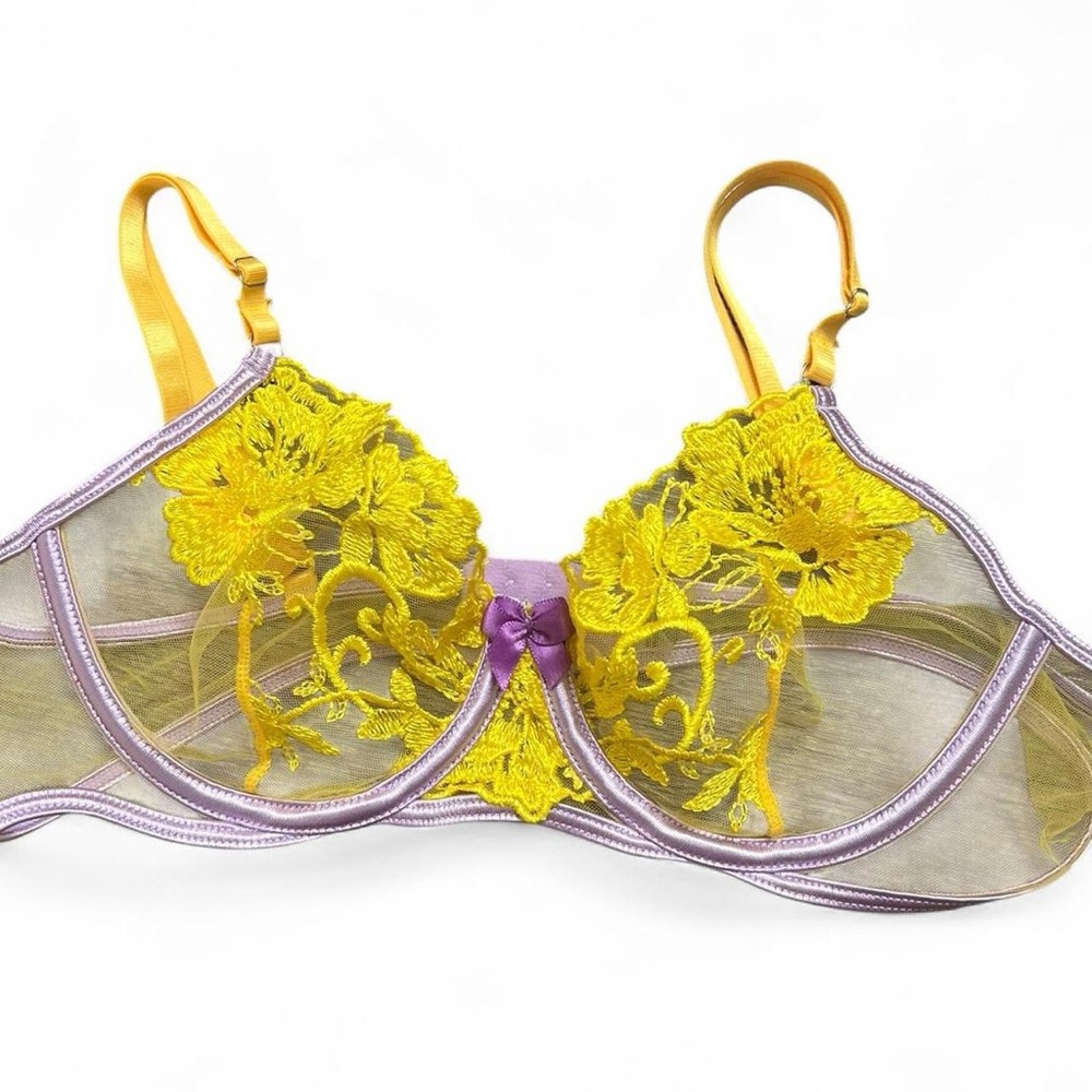 Yellow purple floral lace bralette bow detail lingerie spring festival bra sheer